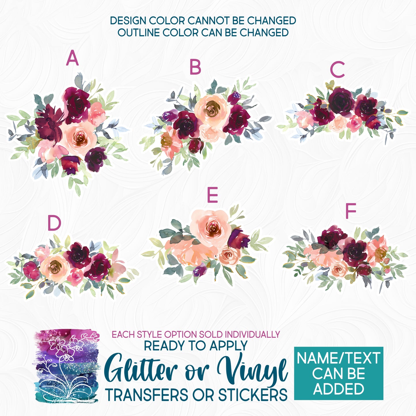 (s270-41) Wine Blush Watercolor Flowers Glitter or Vinyl Iron-On Transfer or Sticker
