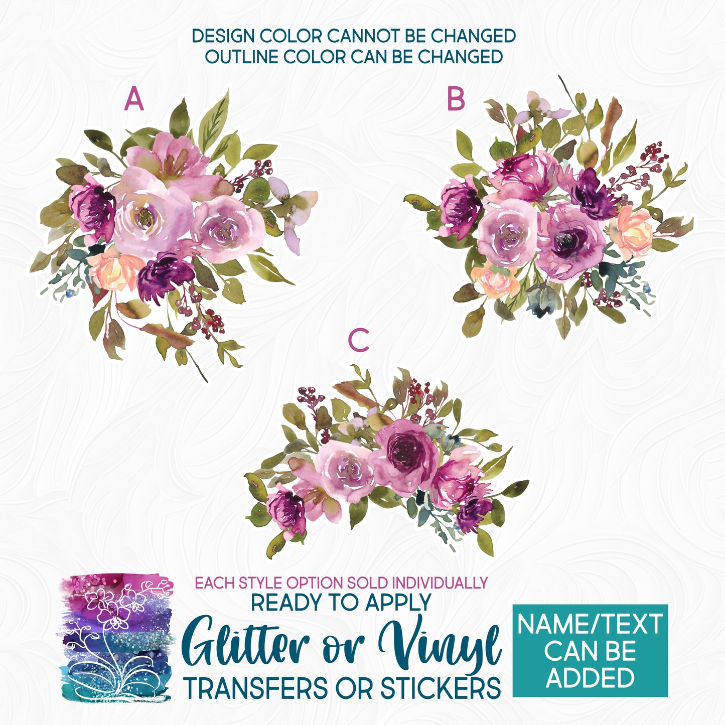 (s270-43) Burgundy Watercolor Flowers Cow Skull Antlers Arrow Glitter or Vinyl Iron-On Transfer or Sticker