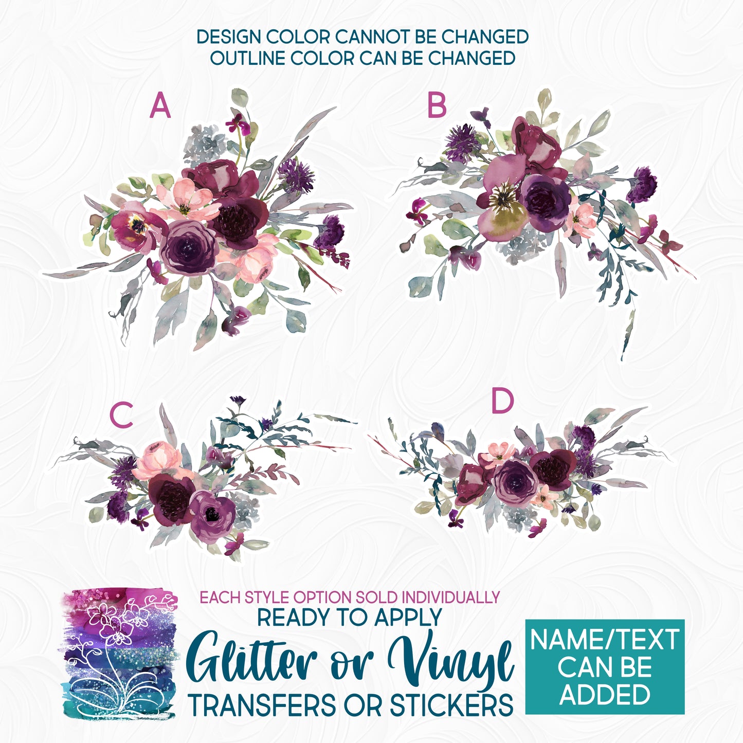 (s270-44) Burgundy Peach Watercolor Flowers Glitter or Vinyl Iron-On Transfer or Sticker