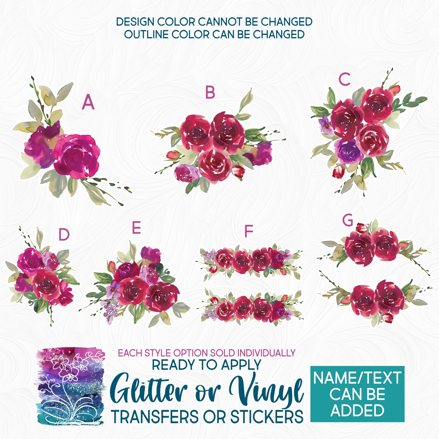 (s270-04) Red Rose Watercolor Flowers Glitter or Vinyl Iron-On Transfer or Sticker