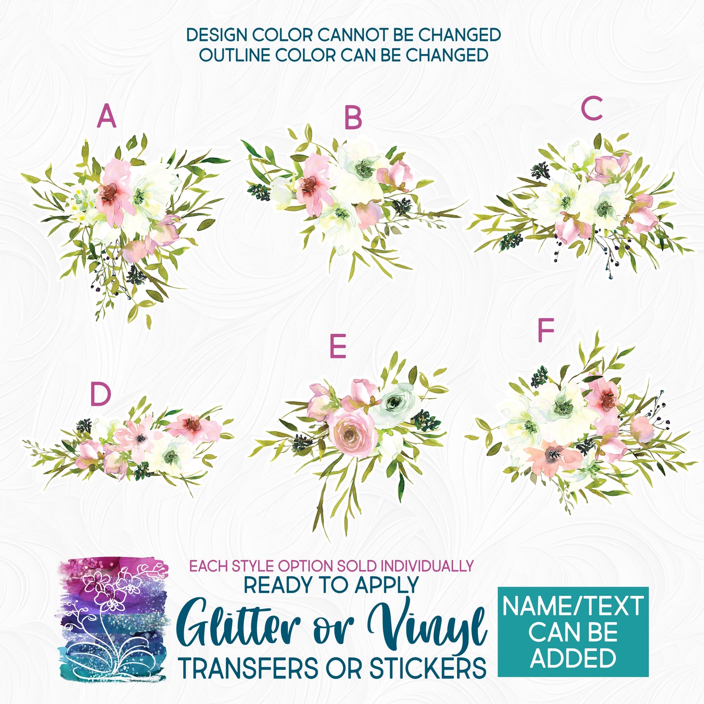(s270-06) Blush & White Watercolor Flowers Glitter or Vinyl Iron-On Transfer or Sticker