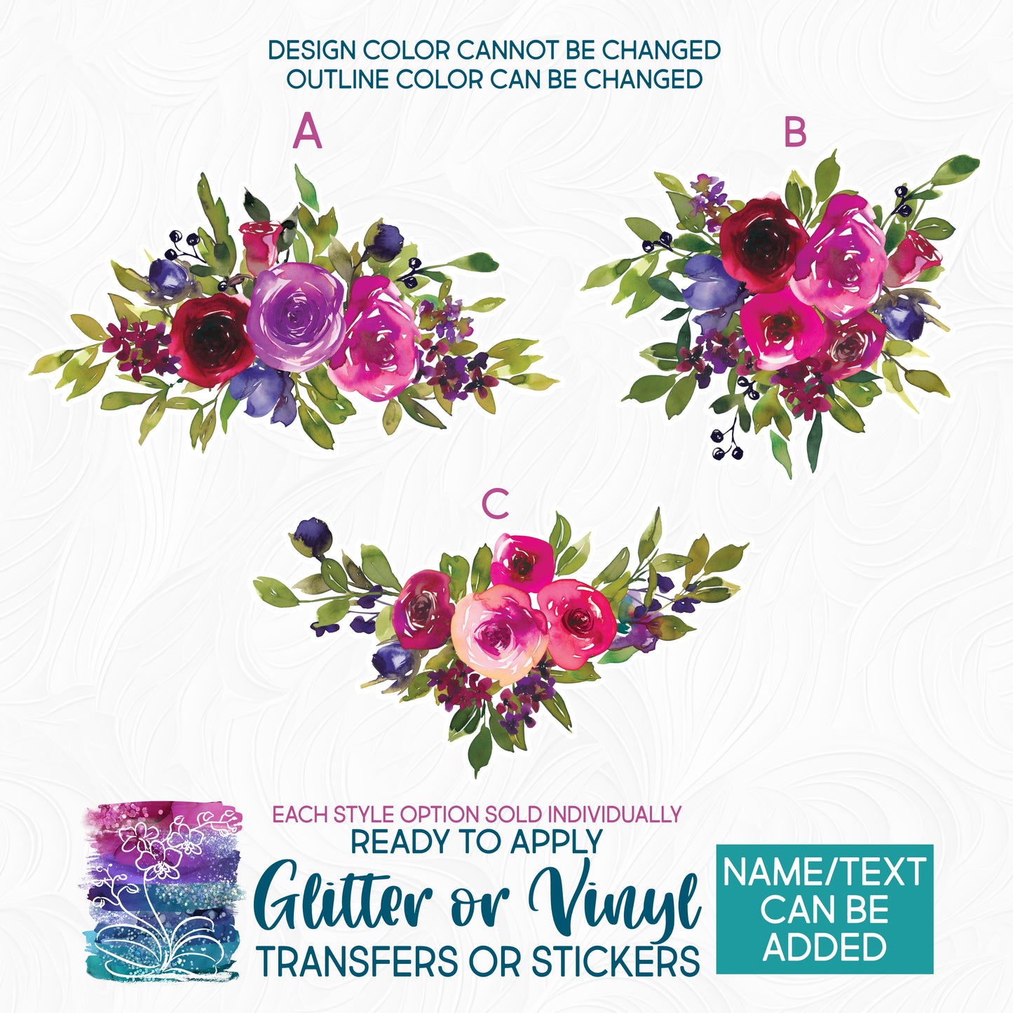 (s270-08) Rose Watercolor Flowers Glitter or Vinyl Iron-On Transfer or Sticker
