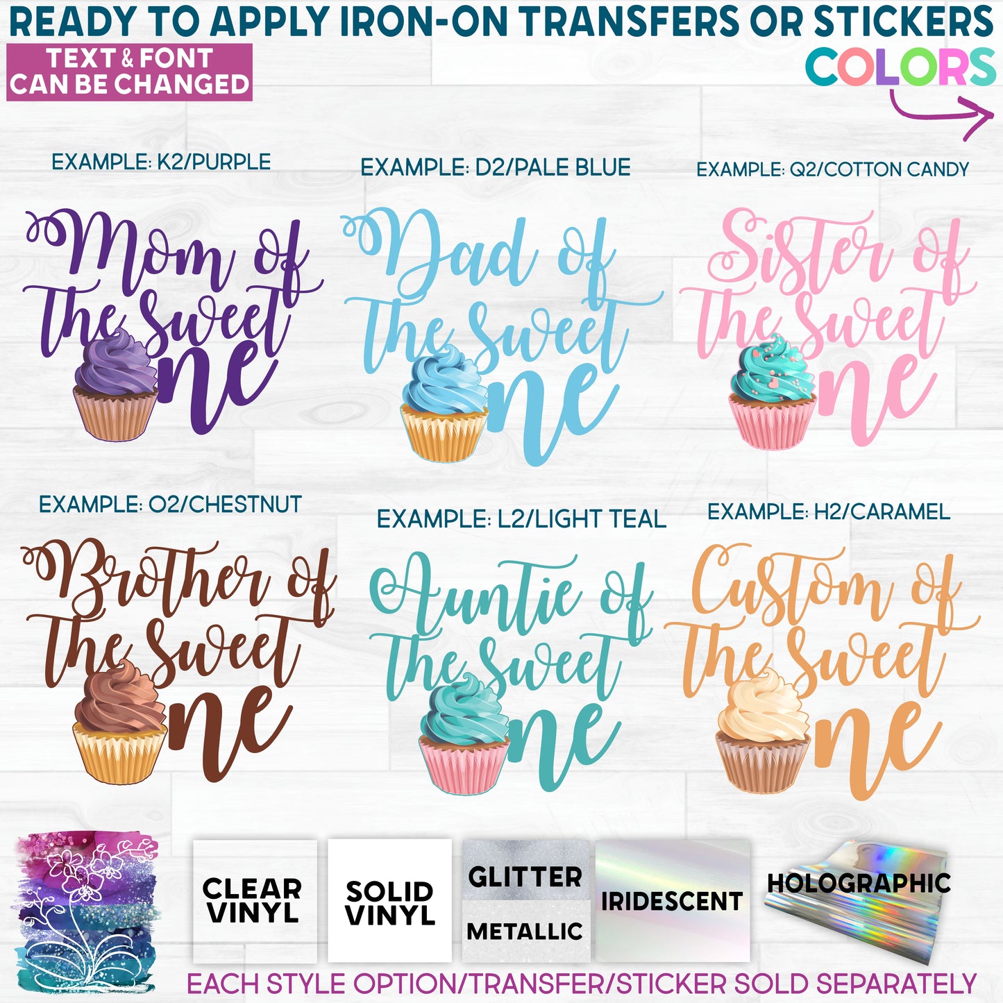 SBS-275-7 Cupcake Family of the Sweet One Custom Text Made-to-Order Iron-On Transfer or Sticker