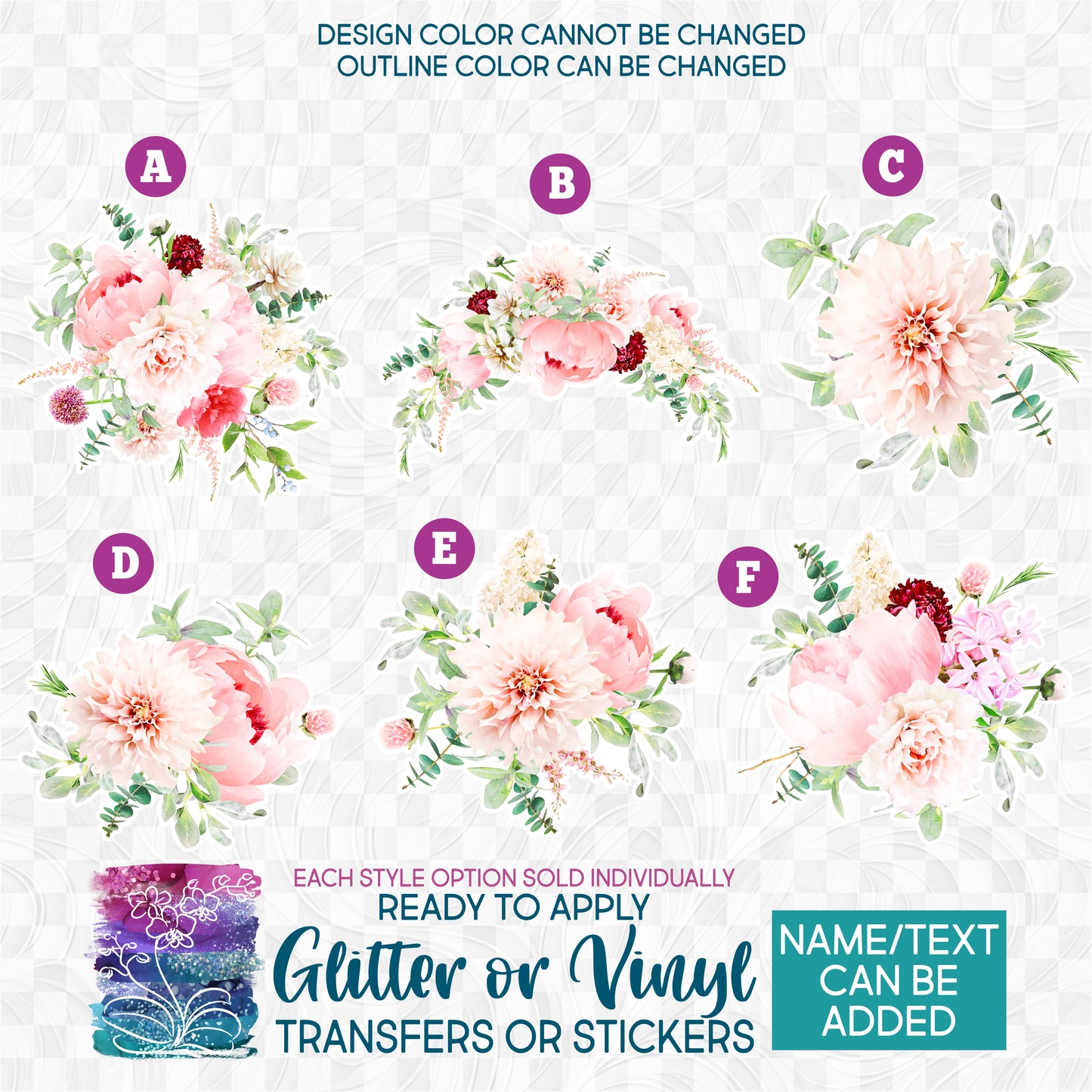 (s299-1) Pink Blush Floral Flowers Watercolor Glitter or Vinyl Iron-On Transfer or Sticker
