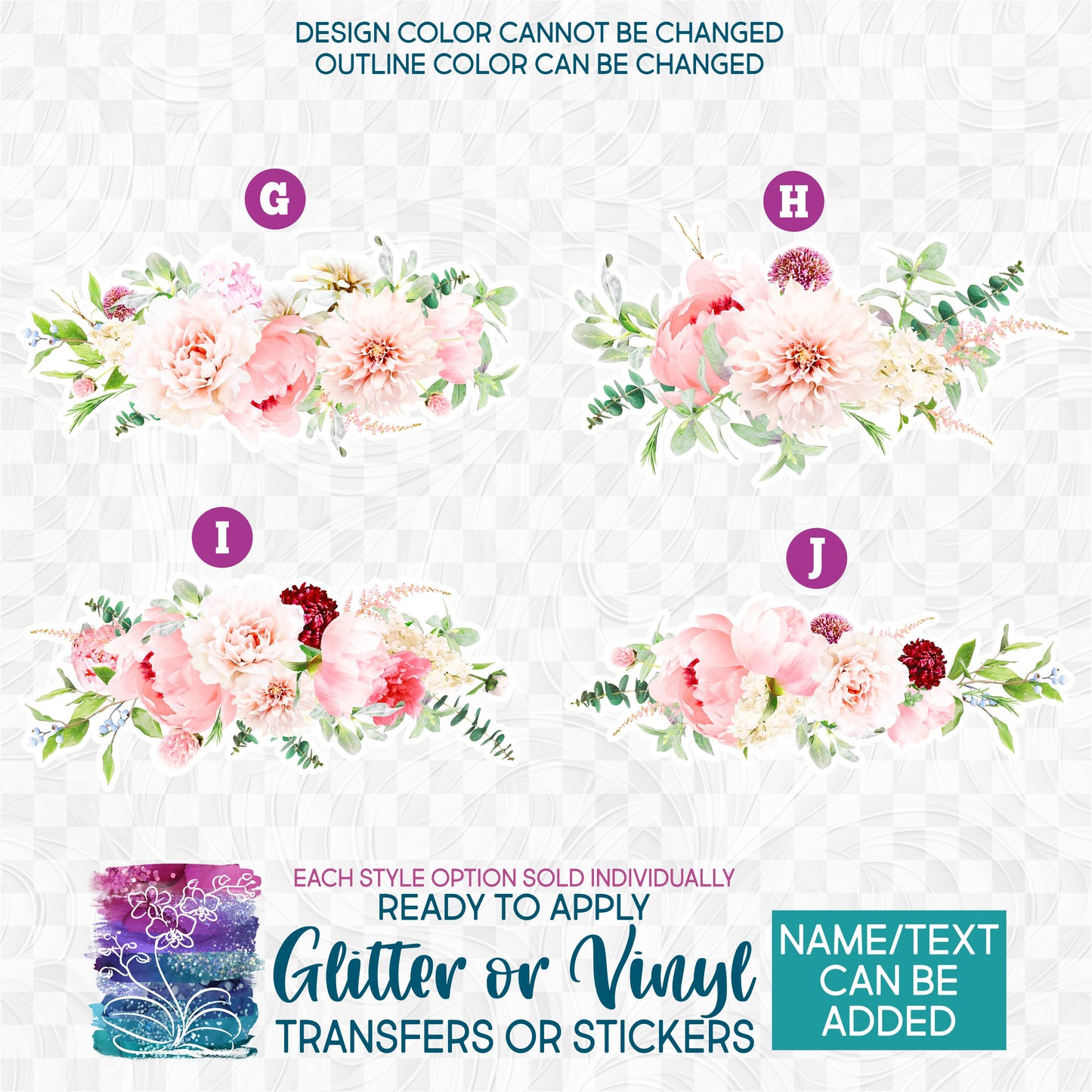 (s299-1) Pink Blush Floral Flowers Watercolor 2 Glitter or Vinyl Iron-On Transfer or Sticker