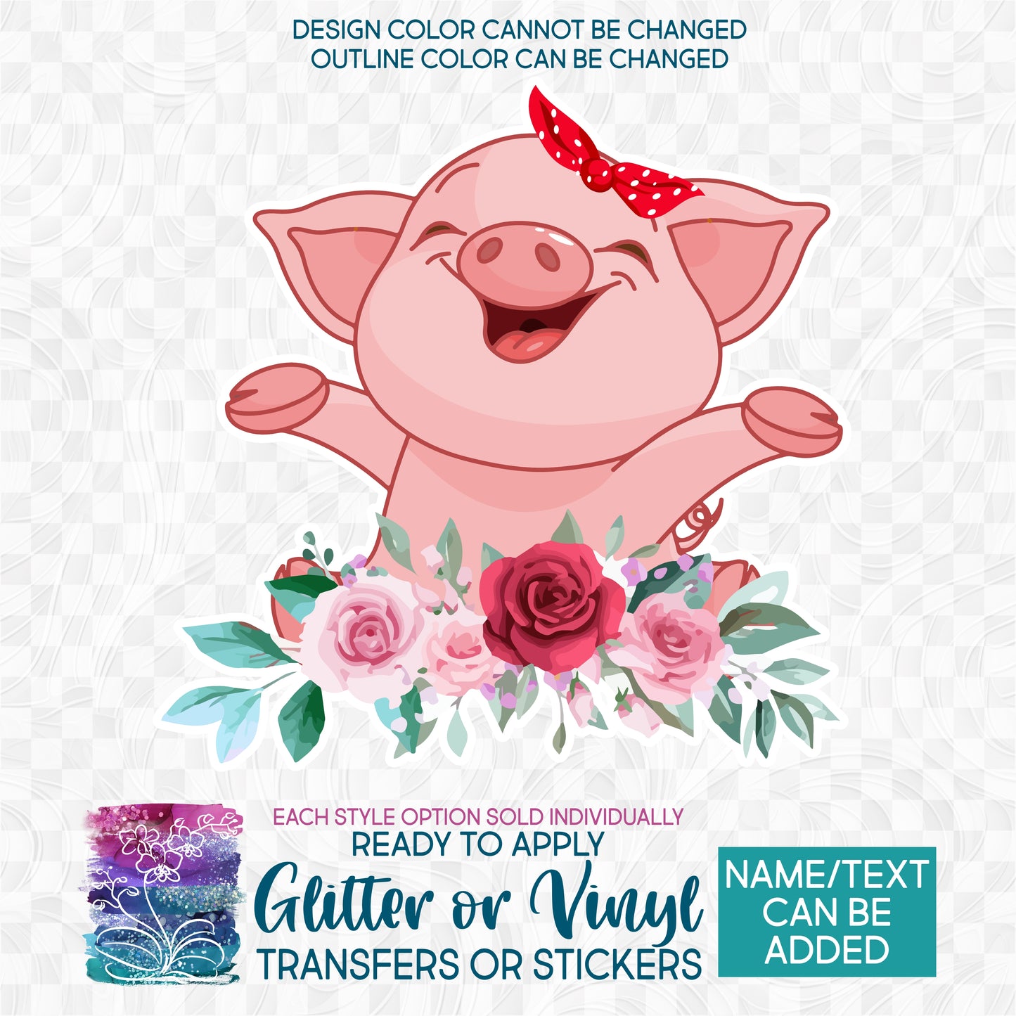 SBS-3-4O Pig Piglet Head Flowers Floral Made-to-Order Iron-On Transfer or Sticker