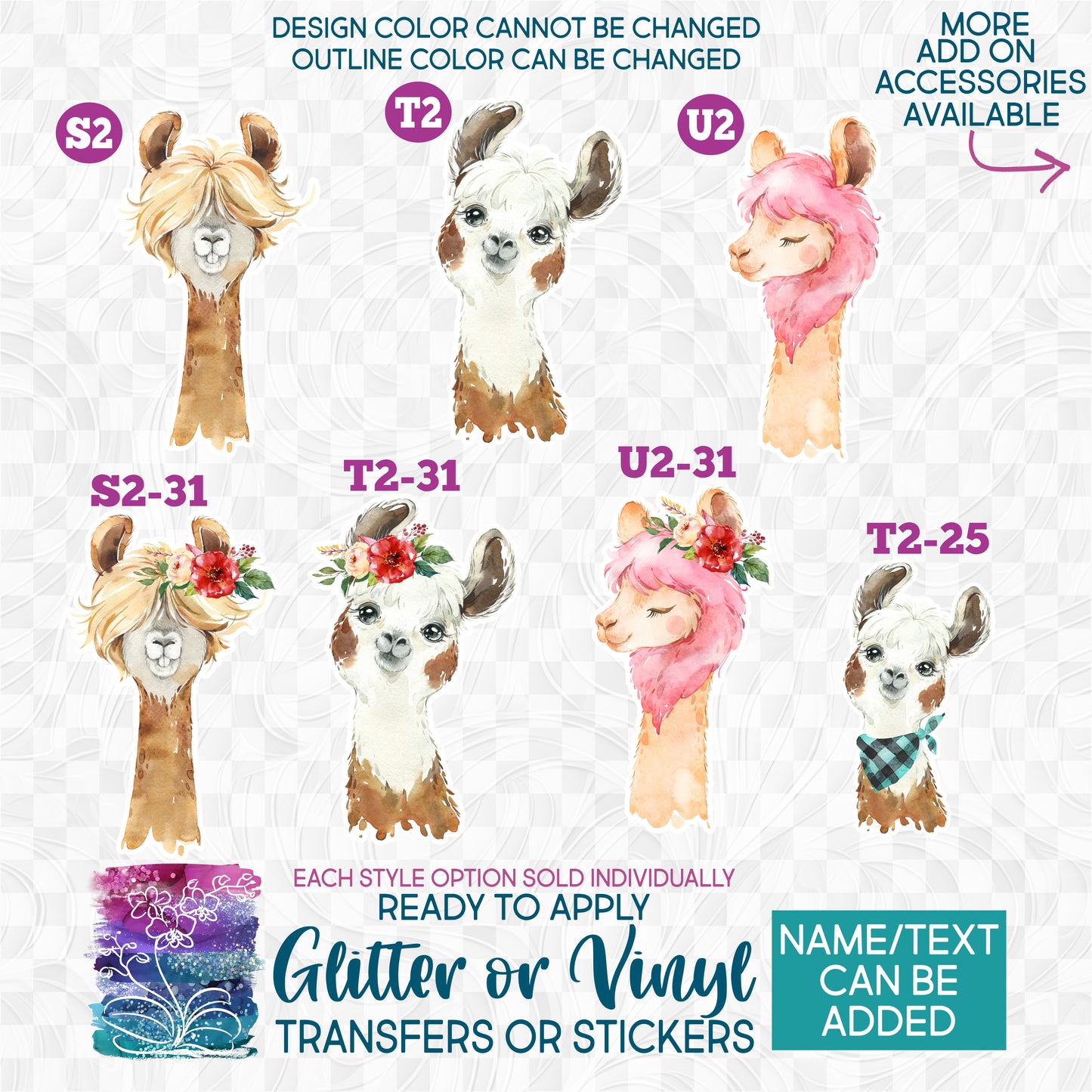 SBS-313 Floral Watercolor Baby Animals Llama Alpaca Custom Printed Iron On Transfer or Sticker