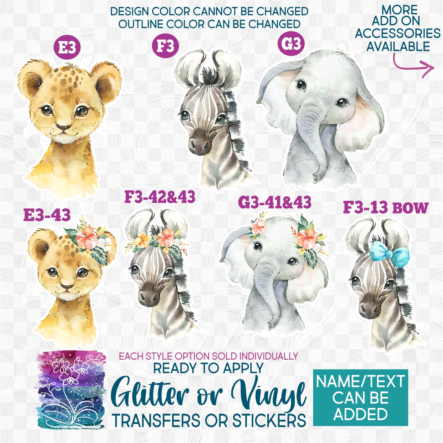 SBS-313 Floral Watercolor Baby Animals Lion Zebra Elephant Made-to-Order Iron-On Transfer or Sticker