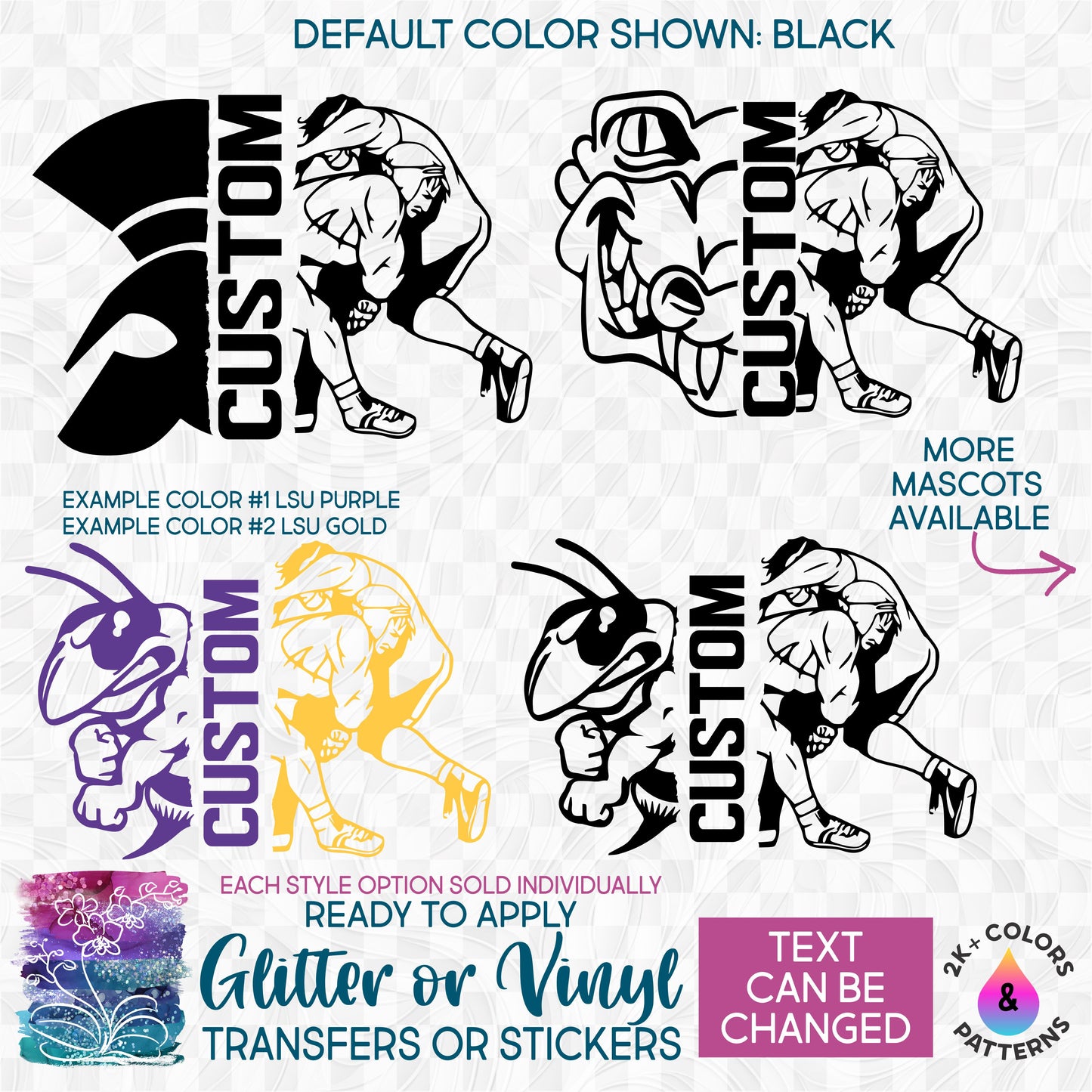 (s317-P) Split Wrestling Wrestler Mascot Team Name Glitter or Vinyl Iron-On Transfer or Sticker