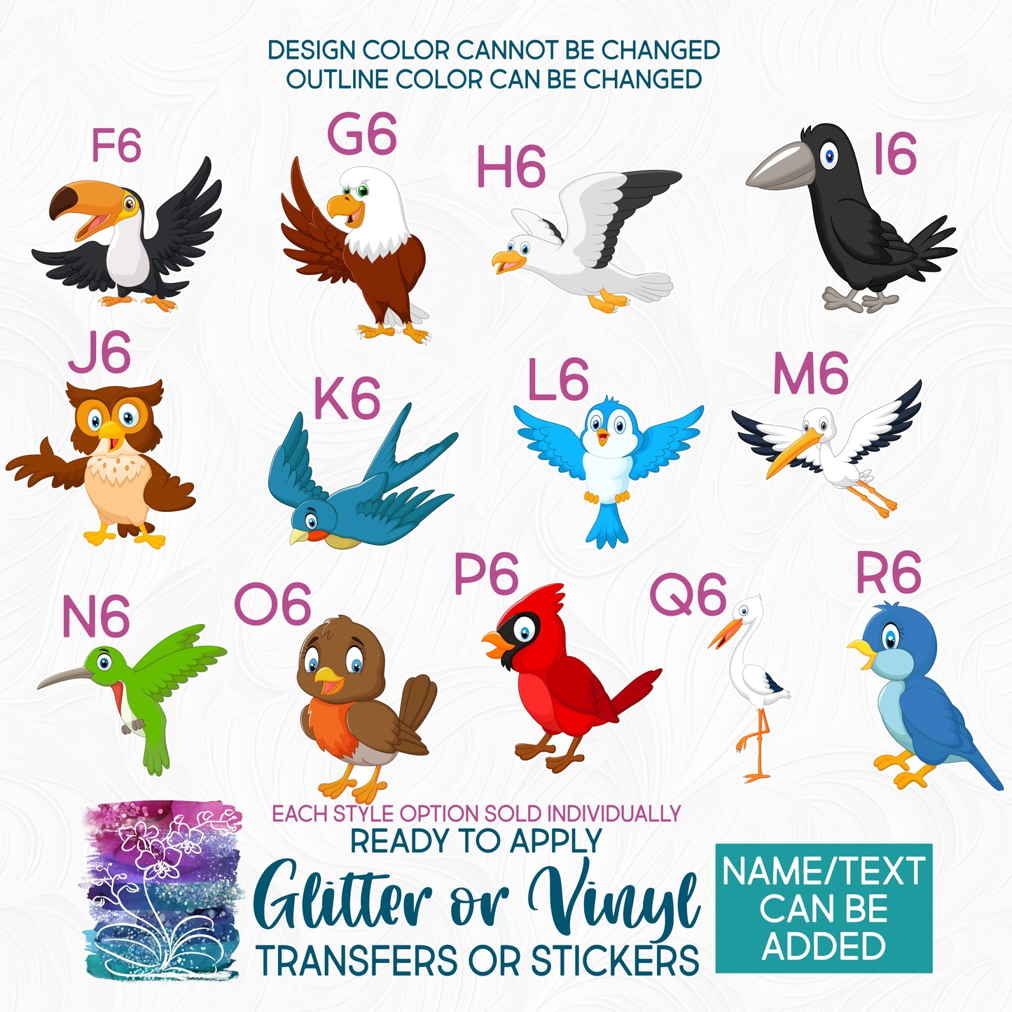 (s337-7) Cartoon Birds Glitter or Vinyl Iron-On Transfer or Sticker