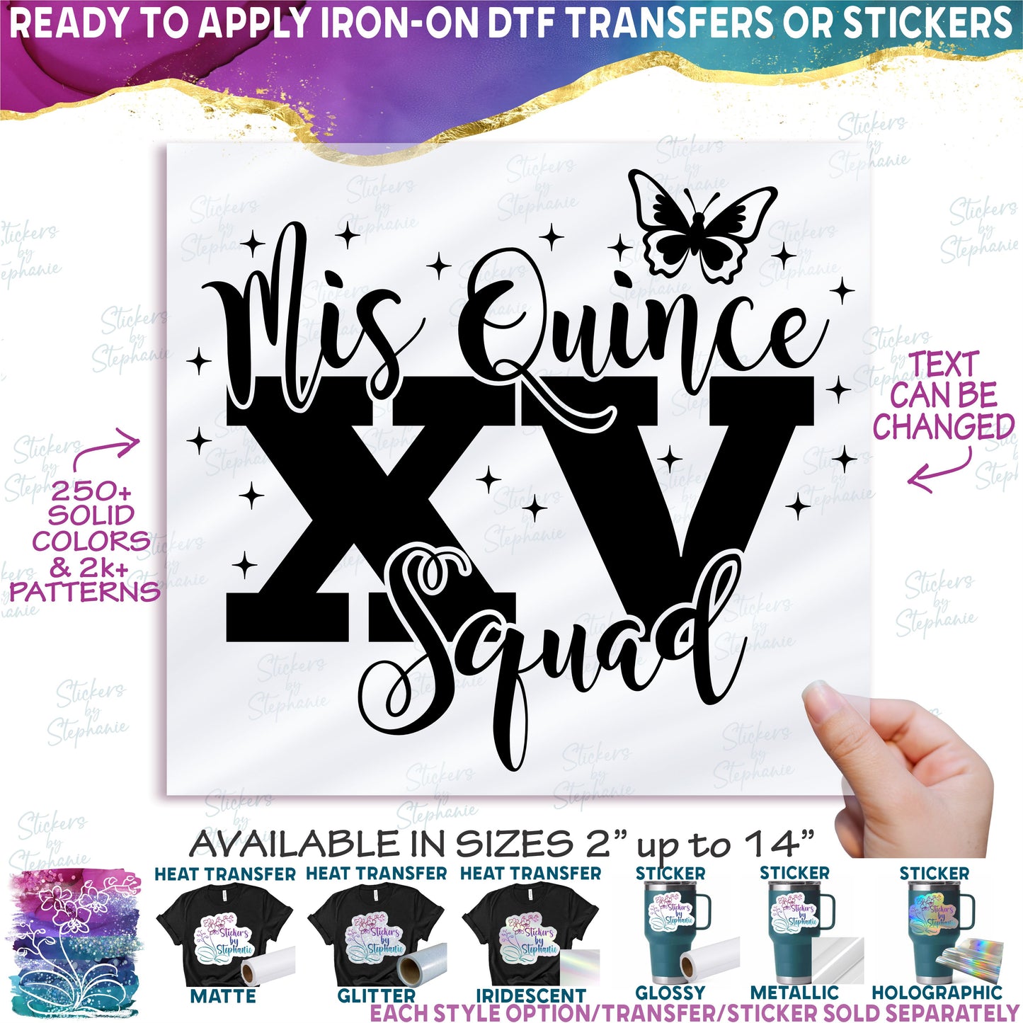 (s342-7) Mis Quince, XV Squad, Court, Custom Name, Butterfly Quinceañera Custom Text