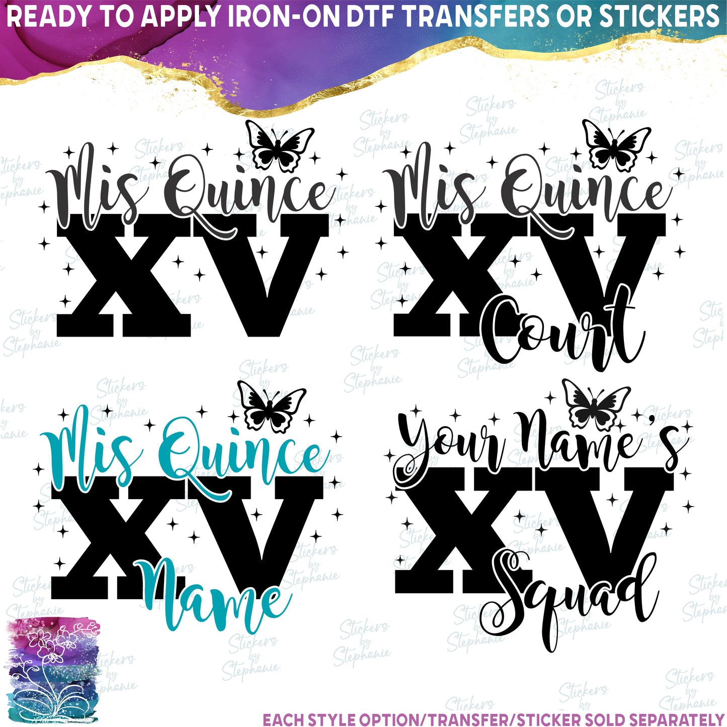 (s342-7) Mis Quince, XV Squad, Court, Custom Name, Butterfly Quinceañera Custom Text