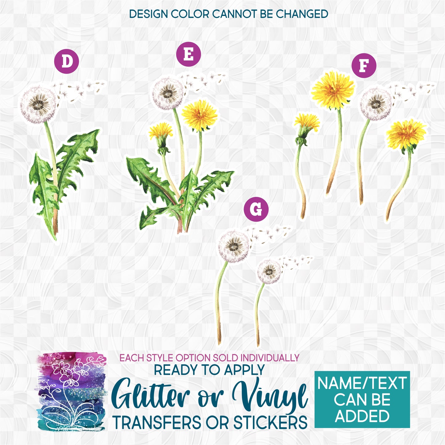 (s347) Watercolor Dandelion Flower Glitter or Vinyl Iron-On Transfer or Sticker
