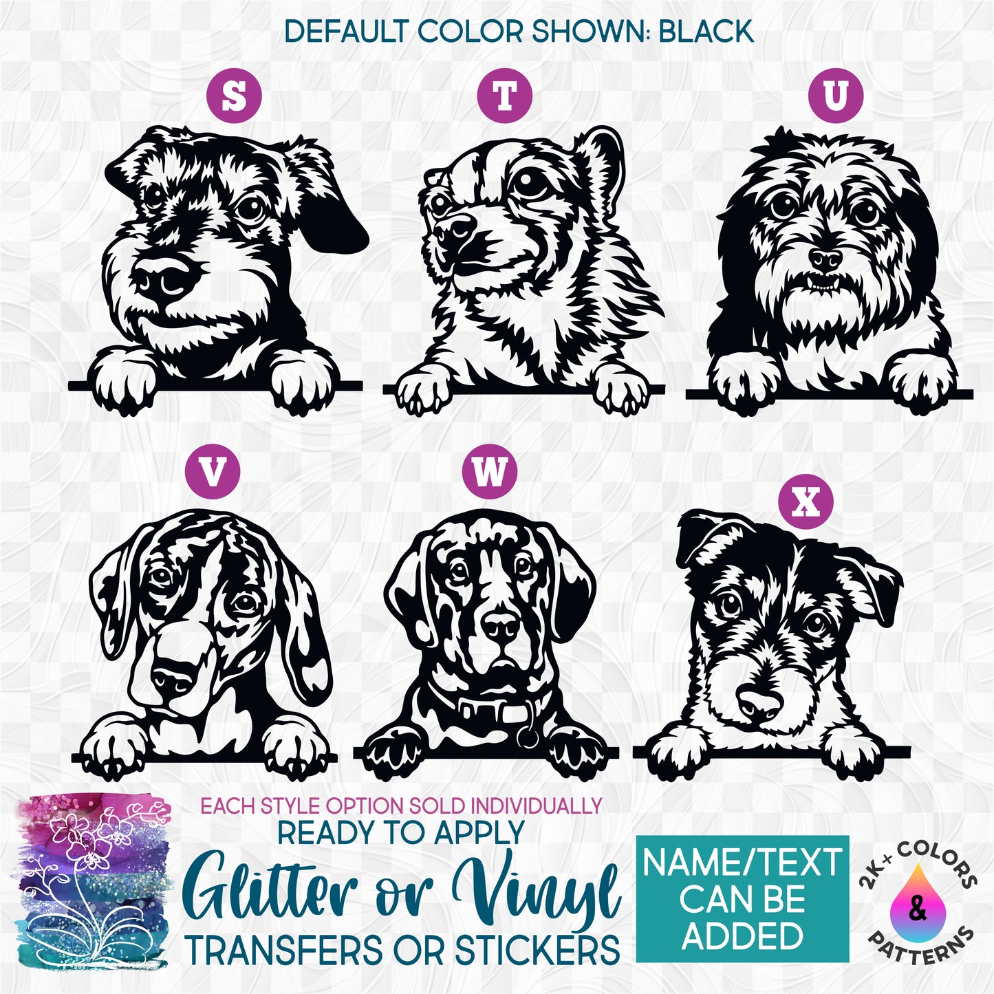 s356-A Peeking Dog Dogs Silichem Terrier Chihuahua Shih Tzu English Pointer Labrador Border Terrier Made-to-Order Iron-On Transfer or Sticker