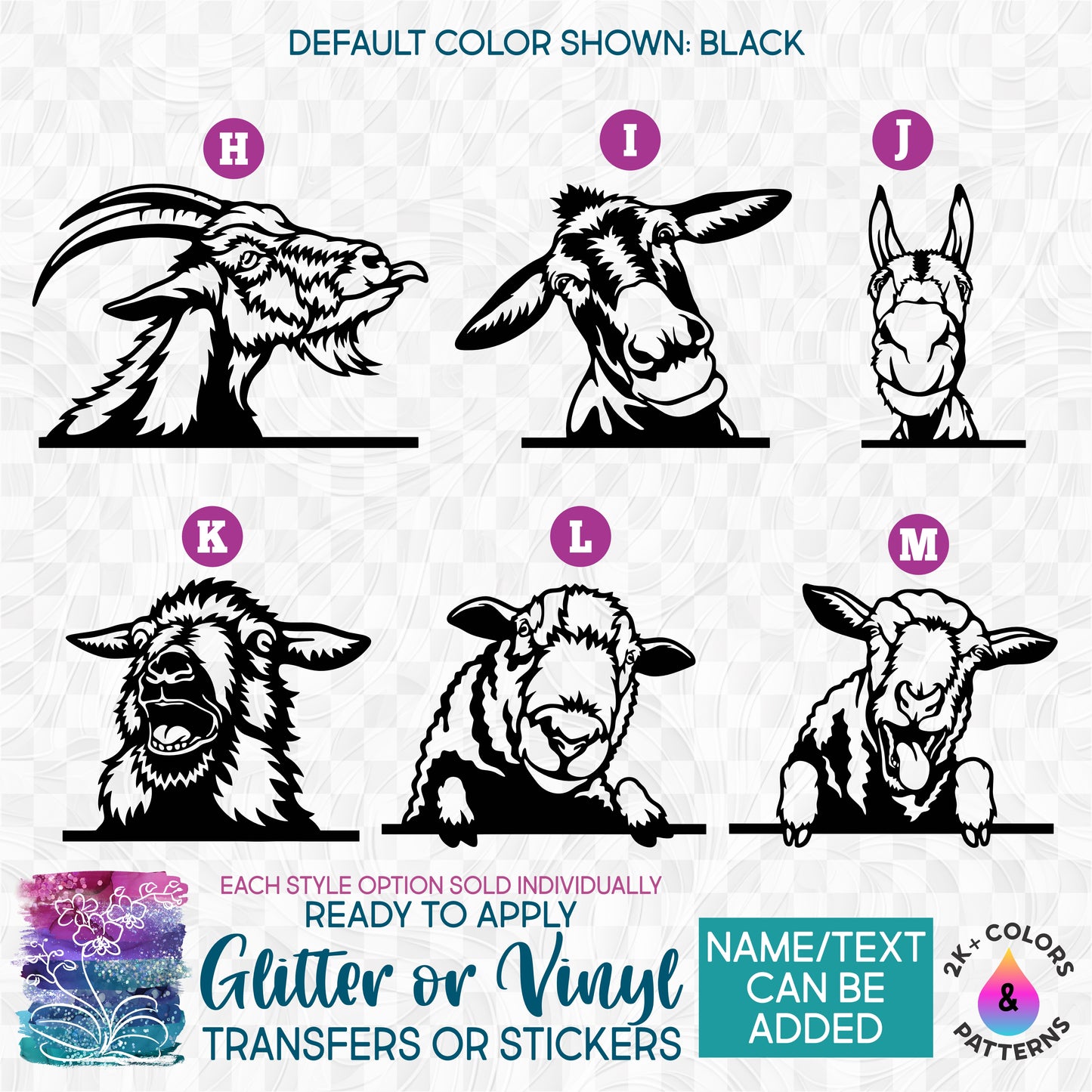 (s356-B) Peeking Farm Animals Goat Donkey Sheep Glitter or Vinyl Iron-On Transfer or Sticker