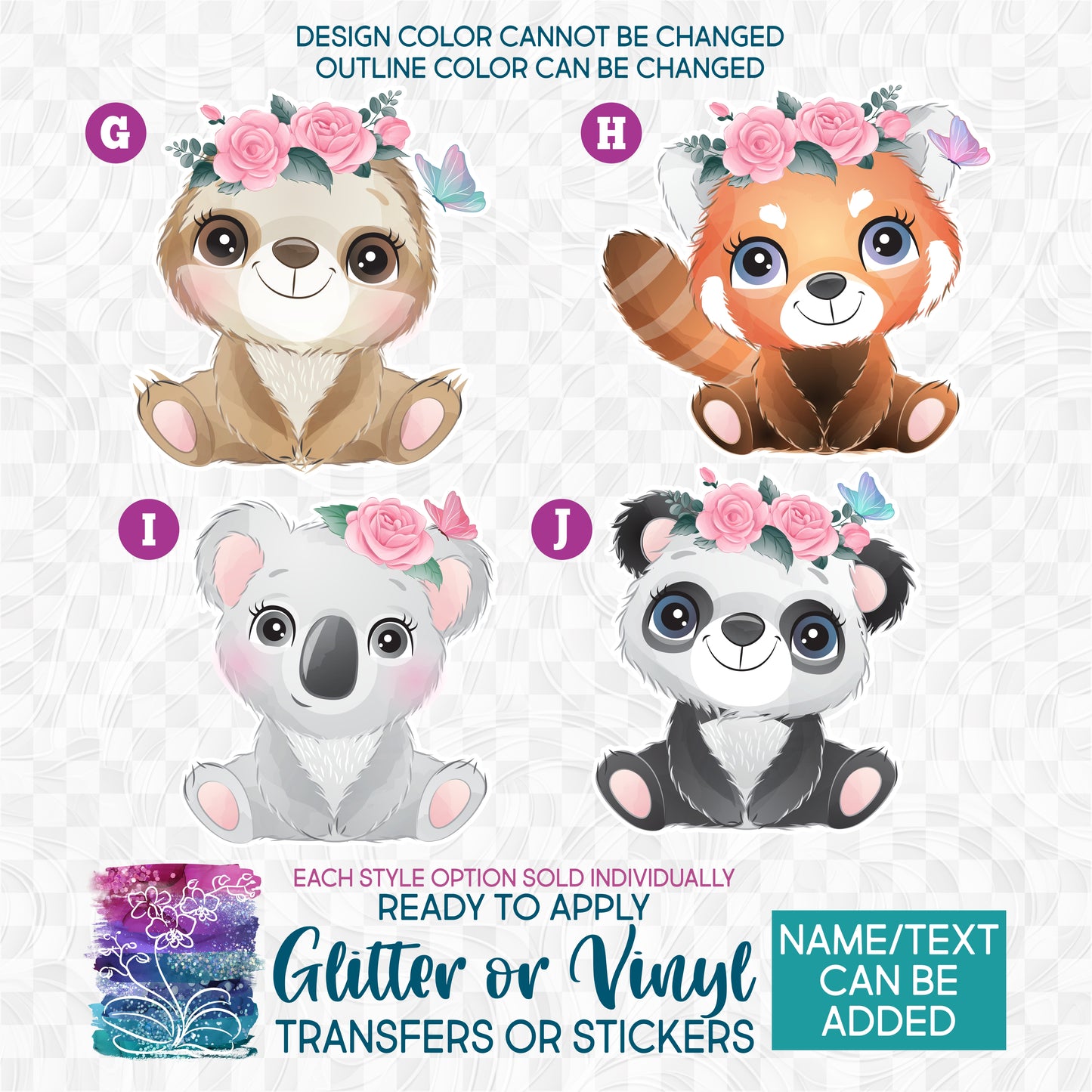SBS-361 Cute Sloth Red Panda Koala Panda Pink Roses Butterfly Floral Flowers Watercolor Made-to-Order Iron-On Transfer or Sticker