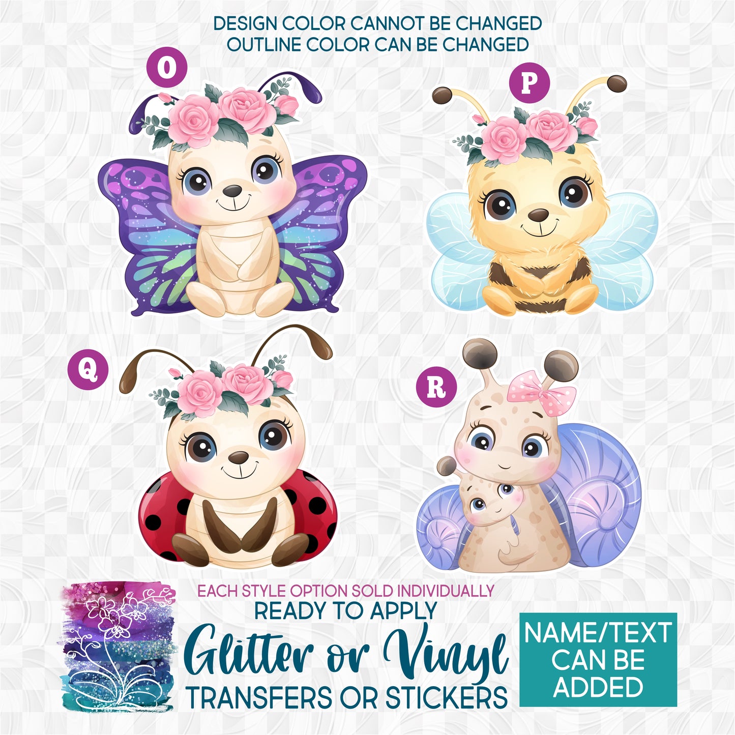 (s361) Cute Ladybug, Bumblebee, Bee, Butterfly, Snail, Pink Roses, Watercolor Glitter or Vinyl Iron-On Transfer or Sticker
