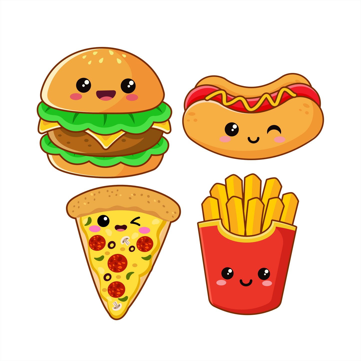 (s368-G4) Set of 4 Kawaii Fast Food Hamburger Hot Dot French Fries Pizza Slice