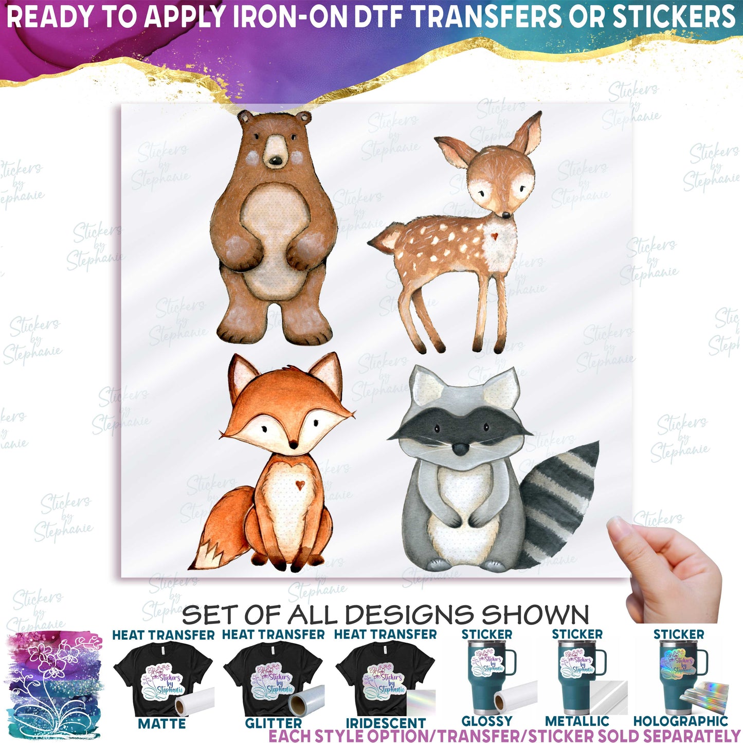 (s379-G1) Set of 4 Forest Animals Bear Deer Fox Racoon