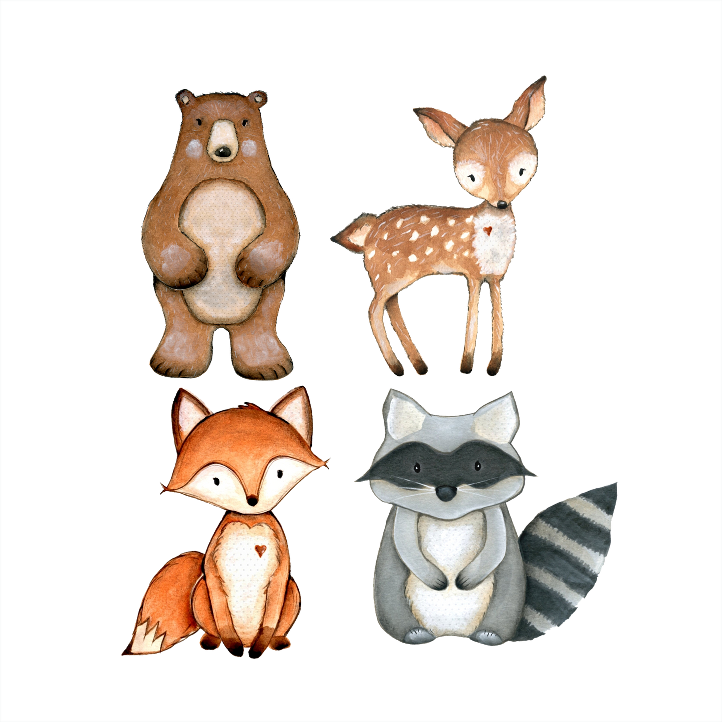 (s379-G1) Set of 4 Forest Animals Bear Deer Fox Racoon