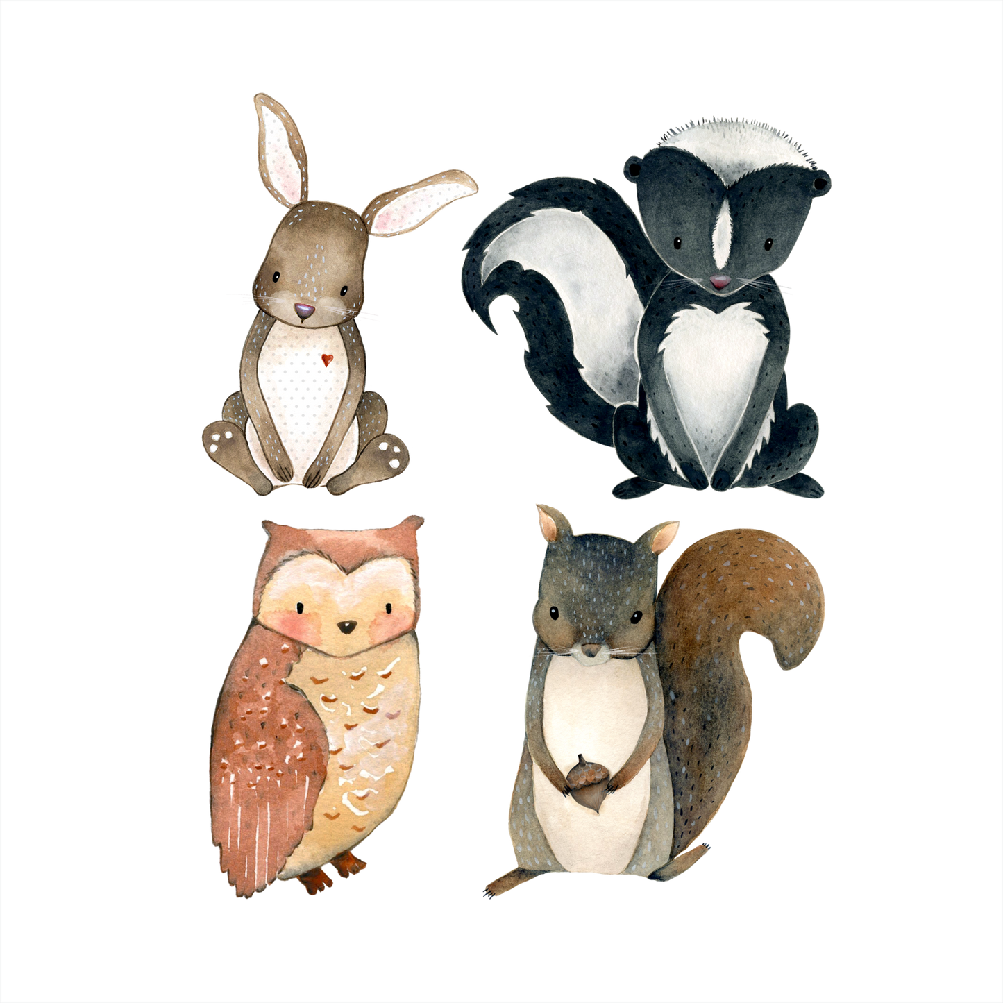 (s379-G2) Set of 4 Forest Animals Rabbit Hare Skunk Owl Squirrel