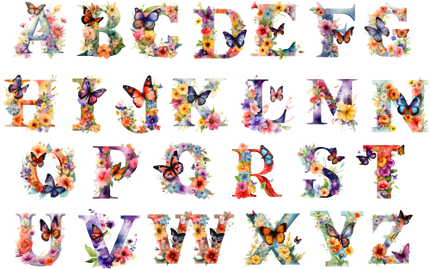 (384-01) Butterfly Floral Flower Monogram Letter All Letters A-Z