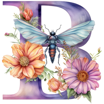 (384-02) Dragonfly Floral Flower Monogram Letter All Letters A-Z