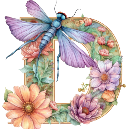 (384-02) Dragonfly Floral Flower Monogram Letter All Letters A-Z