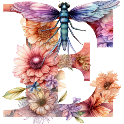 (384-02) Dragonfly Floral Flower Monogram Letter All Letters A-Z