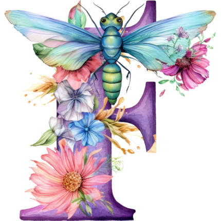 (384-02) Dragonfly Floral Flower Monogram Letter All Letters A-Z