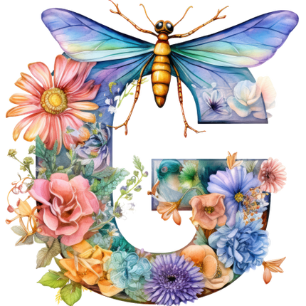 (384-02) Dragonfly Floral Flower Monogram Letter All Letters A-Z