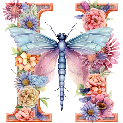 (384-02) Dragonfly Floral Flower Monogram Letter All Letters A-Z