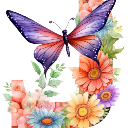 (384-02) Dragonfly Floral Flower Monogram Letter All Letters A-Z