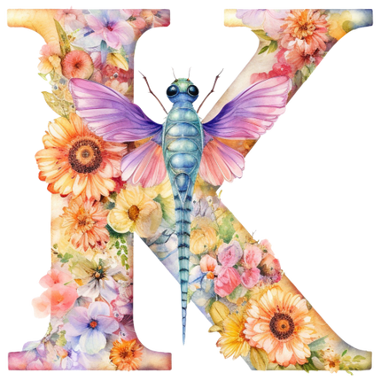 (384-02) Dragonfly Floral Flower Monogram Letter All Letters A-Z