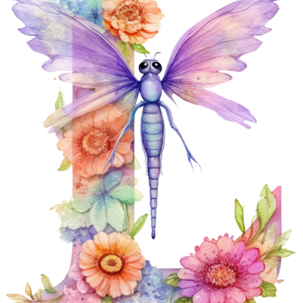 (384-02) Dragonfly Floral Flower Monogram Letter All Letters A-Z