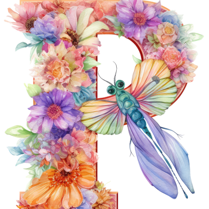 (384-02) Dragonfly Floral Flower Monogram Letter All Letters A-Z