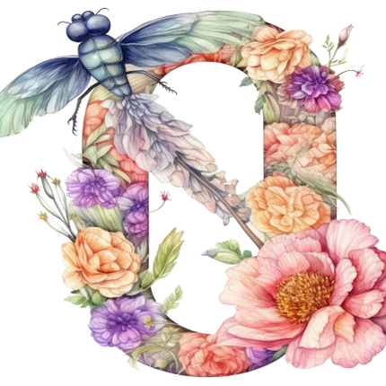 (384-02) Dragonfly Floral Flower Monogram Letter All Letters A-Z