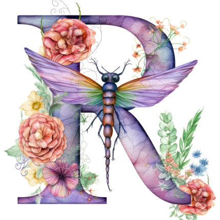 (384-02) Dragonfly Floral Flower Monogram Letter All Letters A-Z