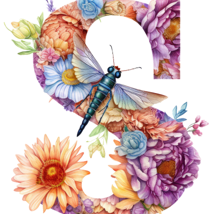 (384-02) Dragonfly Floral Flower Monogram Letter All Letters A-Z