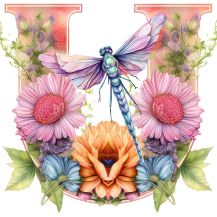 (384-02) Dragonfly Floral Flower Monogram Letter All Letters A-Z