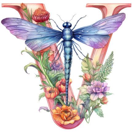 (384-02) Dragonfly Floral Flower Monogram Letter All Letters A-Z