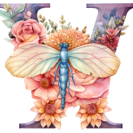 (384-02) Dragonfly Floral Flower Monogram Letter All Letters A-Z