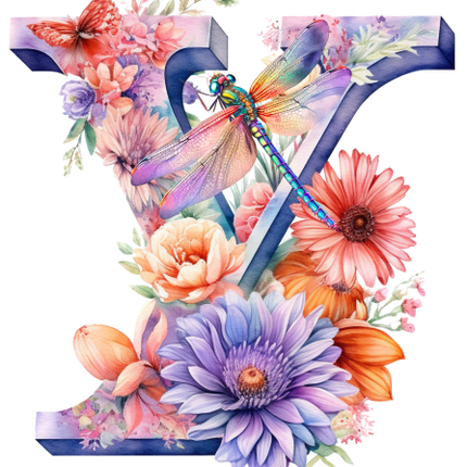 (384-02) Dragonfly Floral Flower Monogram Letter All Letters A-Z