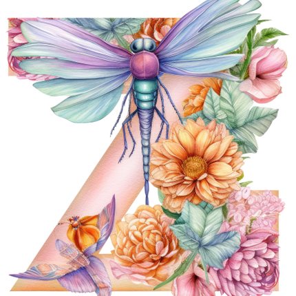 (384-02) Dragonfly Floral Flower Monogram Letter All Letters A-Z