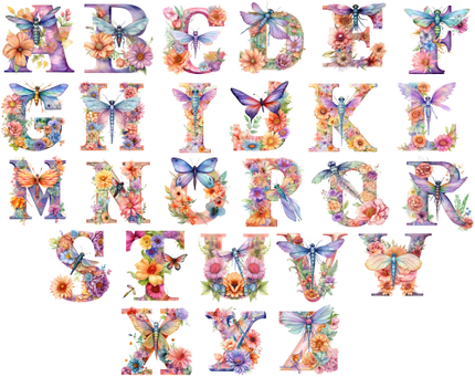 (384-02) Dragonfly Floral Flower Monogram Letter All Letters A-Z