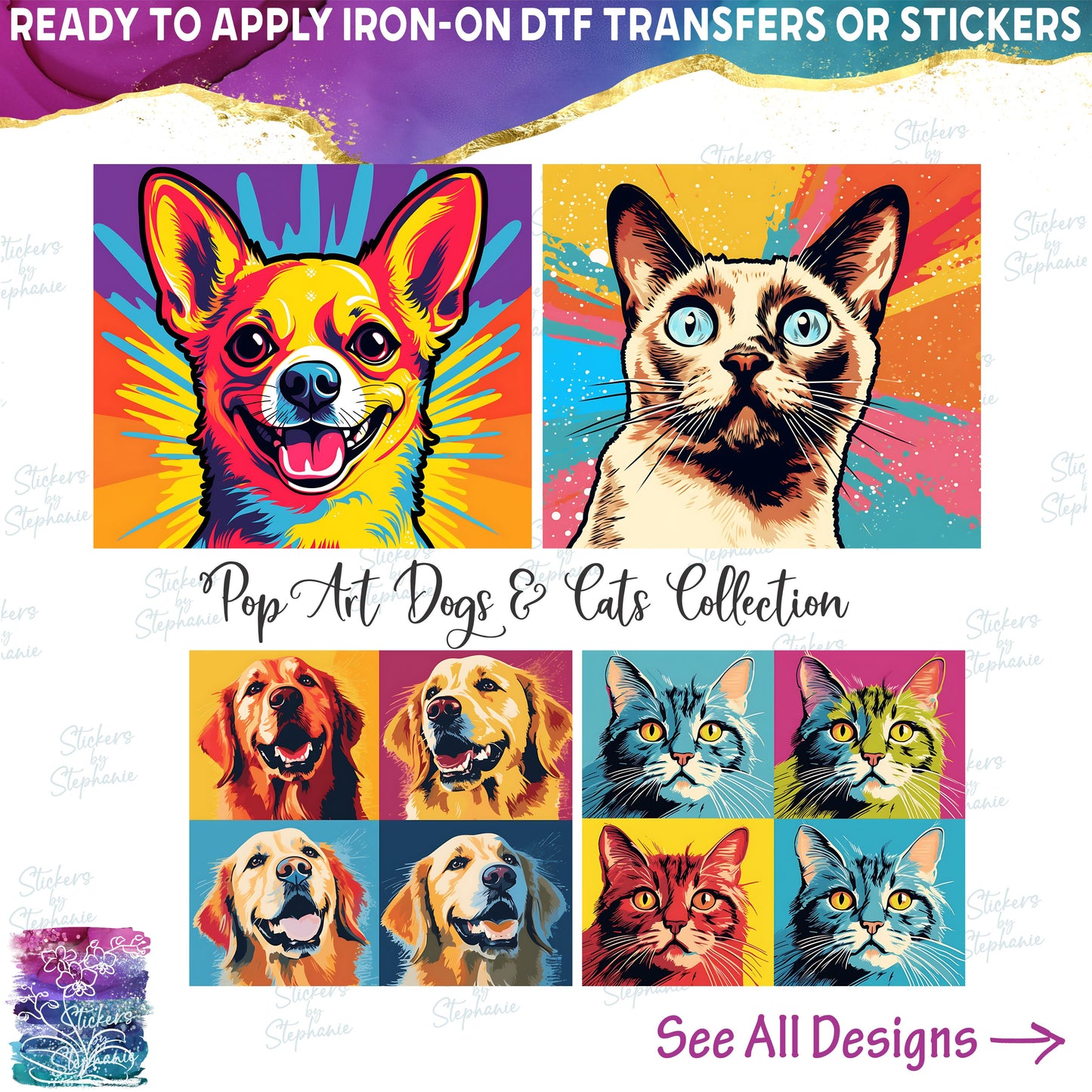 (s388) Pop Art Dogs or Cats 1 Panel & 4 Panel Collection 154 Style Options
