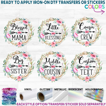(391-A) Pink Watercolor Floral Big Sister, Little Sister, Custom Text