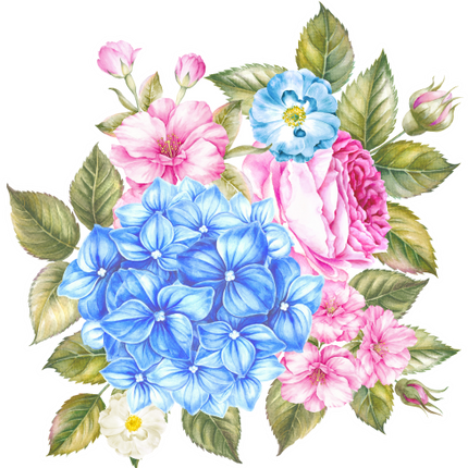 (396-1-D) Blue Hydrangeas Pink Roses Watercolor Flowers