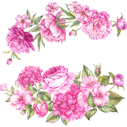 (396-01) Pink Roses Hydrangeas Watercolor Flowers