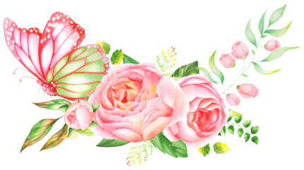 (396-02) Pink Yellow Roses Butterflies Watercolor Flowers